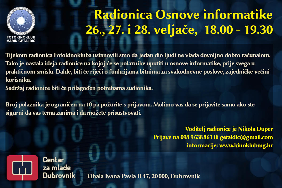 Fotokinoklub Marin Getaldi Organizira Radionicu Osnove Informatike