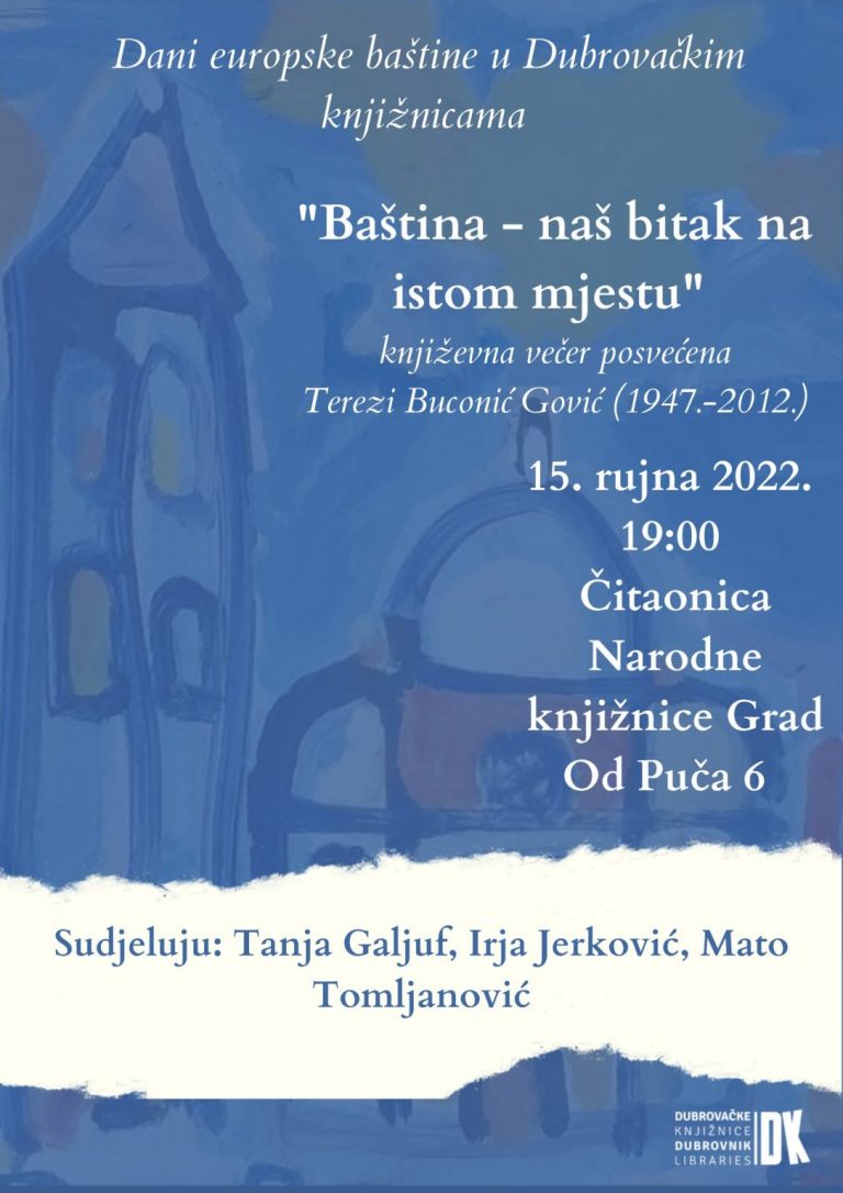 Dani europske baštine: književna večer posvećena dubrovačkoj književnici Terezi Buconić Gović